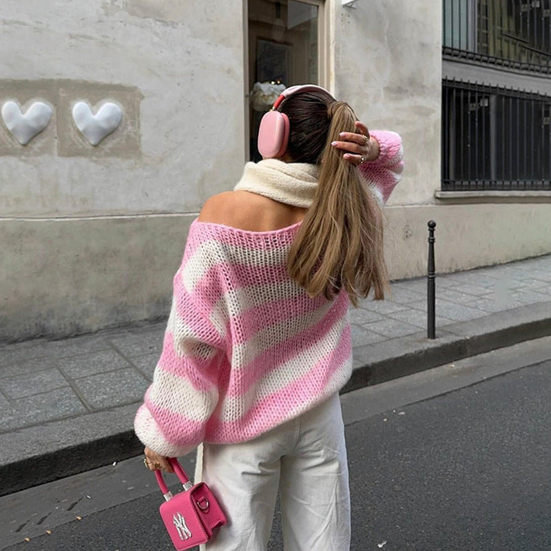 Loose Striped Pullover Sweater Long-sleeved Knitted Tops For Women 