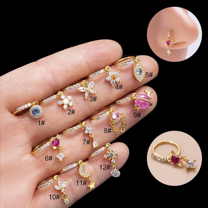18K gold flower/moon inlaid gemstone design high-end nose ornament
