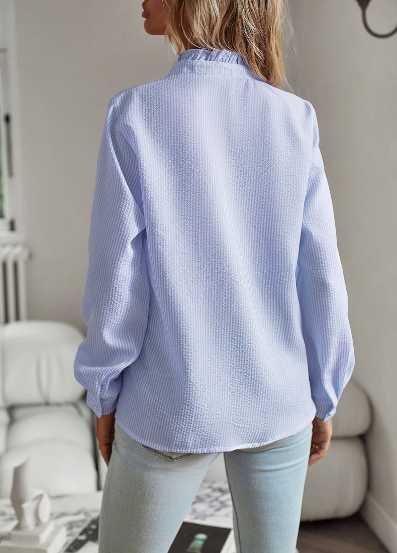 Striped Long Sleeve Shirt Ruffle Design Button Up Tops Casual Blouse  
