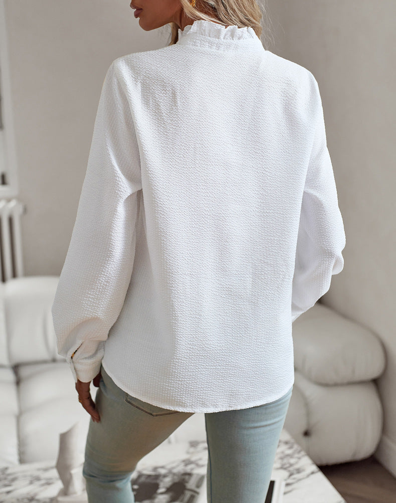 Striped Long Sleeve Shirt Ruffle Design Button Up Tops Casual Blouse  