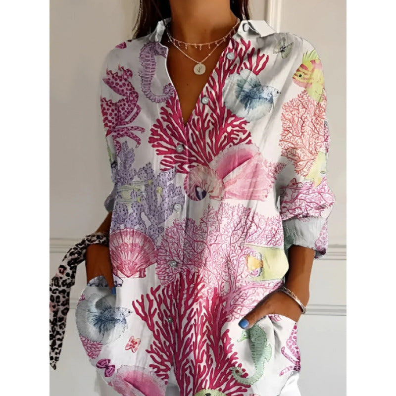 Floral Print Long-sleeved Shirt Women's Casual Button Tops Clothing