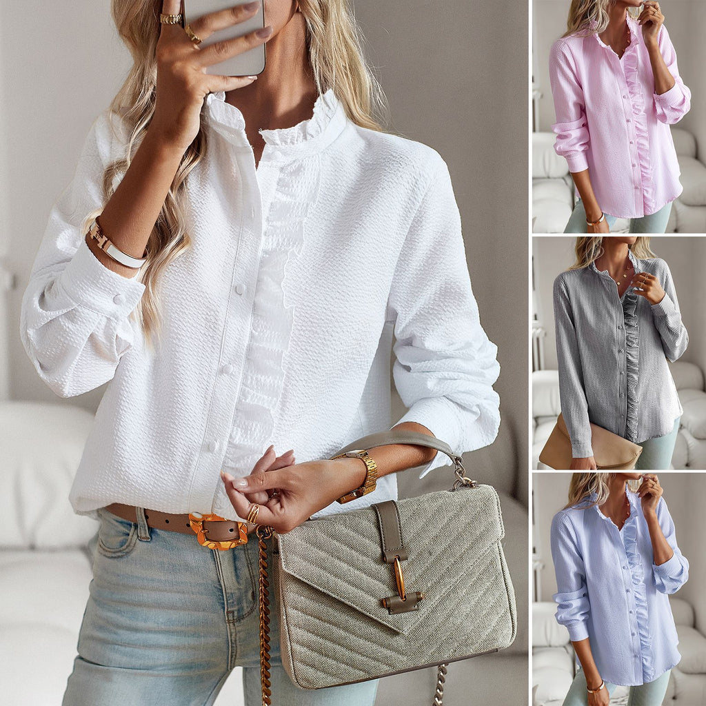 Striped Long Sleeve Shirt Ruffle Design Button Up Tops Casual Blouse  