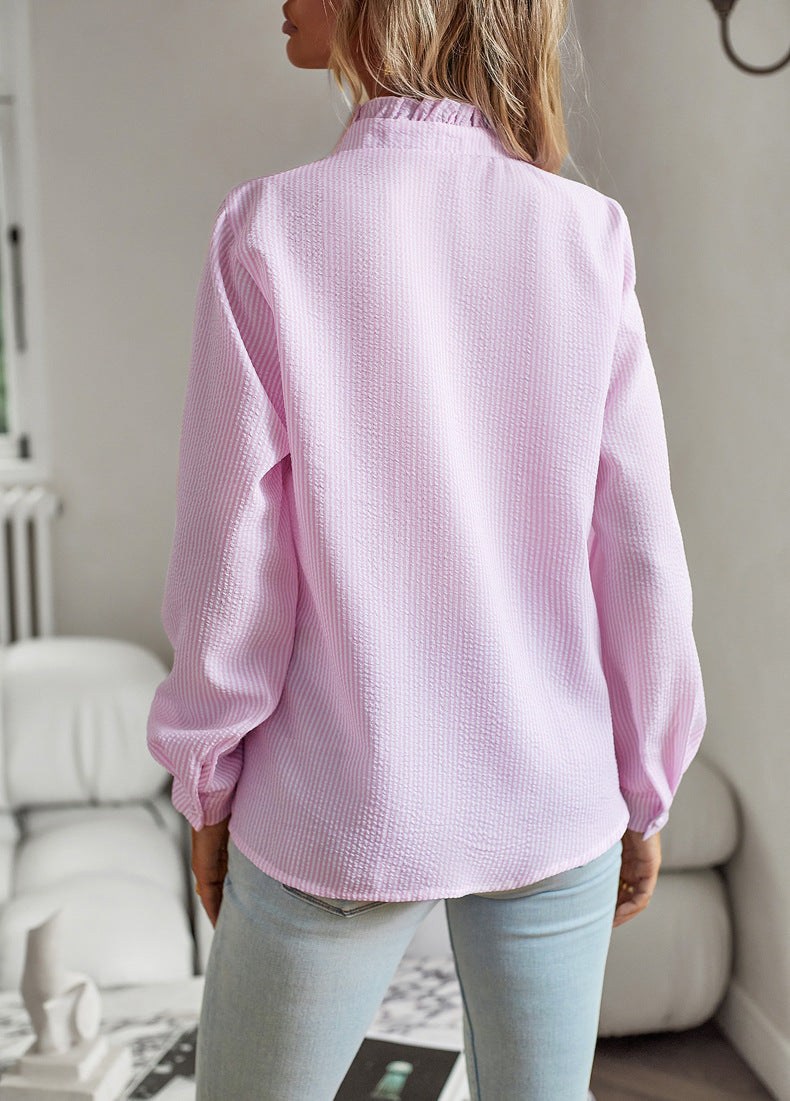 Striped Long Sleeve Shirt Ruffle Design Button Up Tops Casual Blouse  