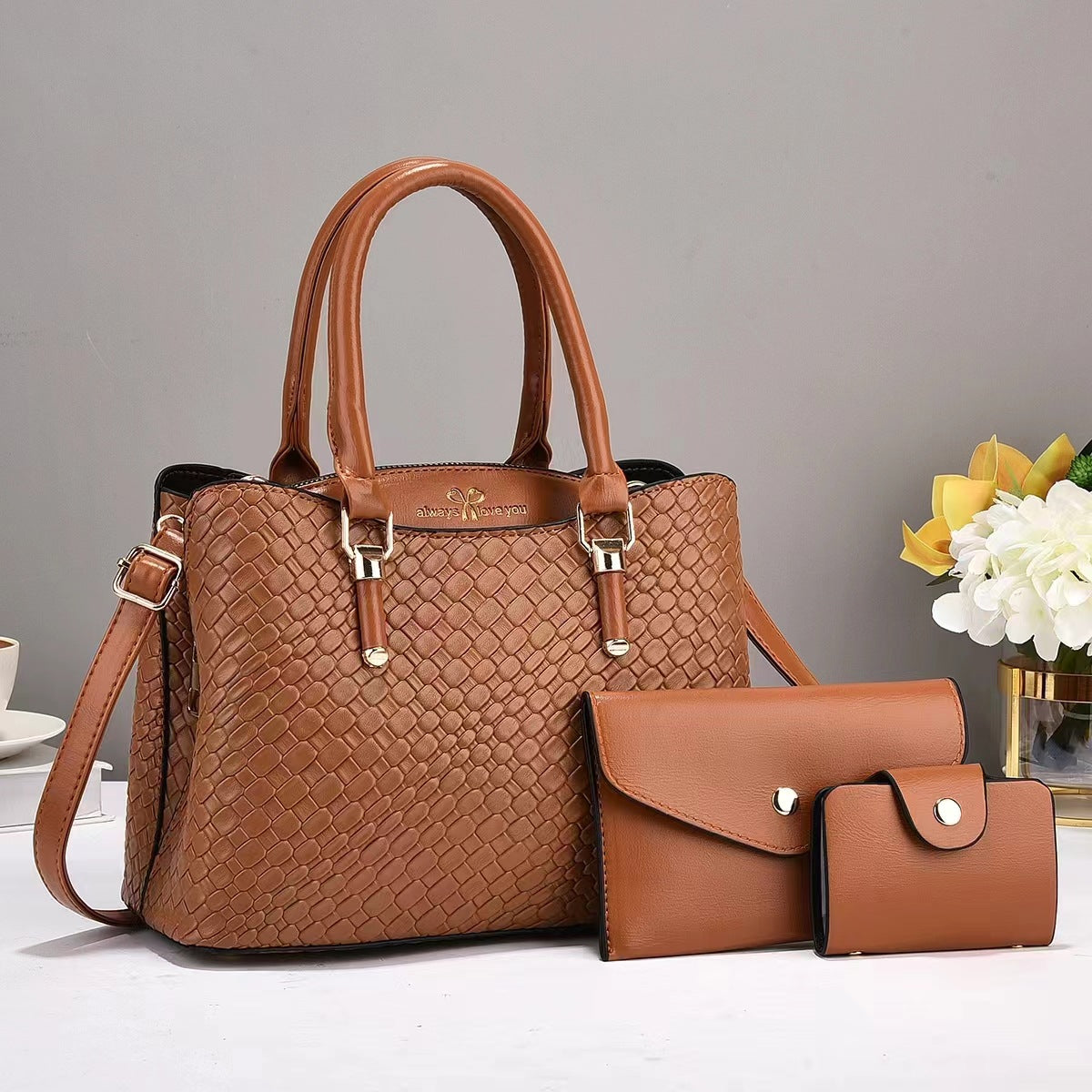 Woven Texture Three-piece Set Large Capacity One Shoulder Combination Bags Fashion Women's Backpack
