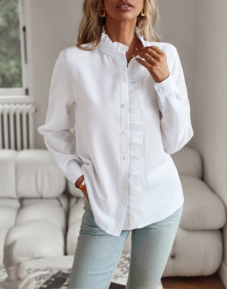Striped Long Sleeve Shirt Ruffle Design Button Up Tops Casual Blouse  