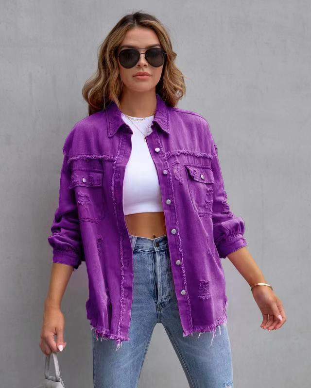 Fashion Ripped Shirt Jacket Female Autumn And Spring Casual Tops Women's Clothing