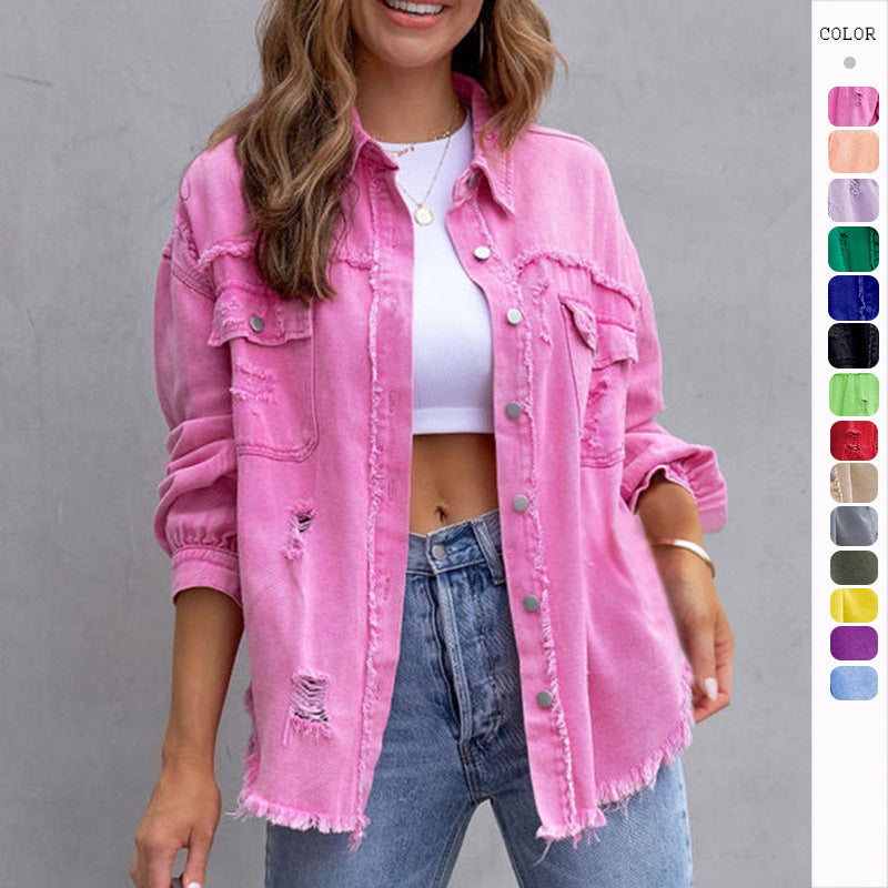 Fashion Ripped Shirt Jacket Female Autumn And Spring Casual Tops Women's Clothing