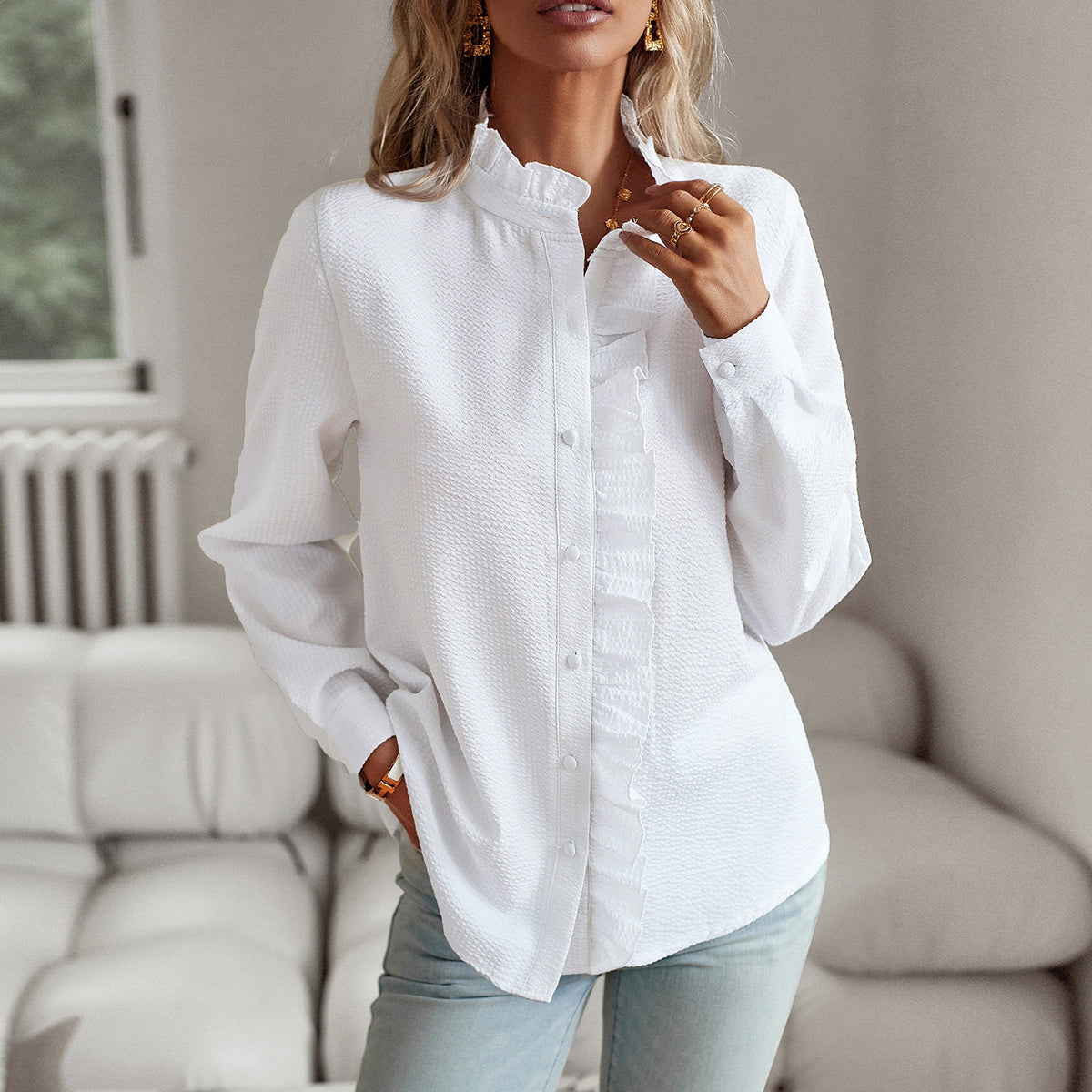 Striped Long Sleeve Shirt Ruffle Design Button Up Tops Casual Blouse  