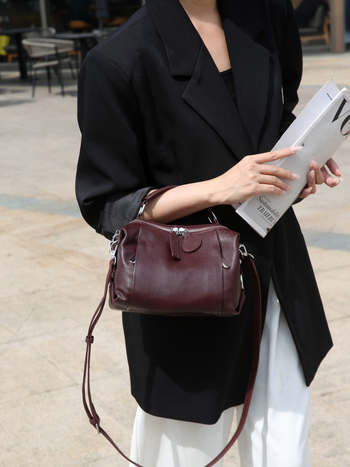 Cowhide Boston Pillow Bag For Women, Crossbody Bag, Soft Leather Handbag