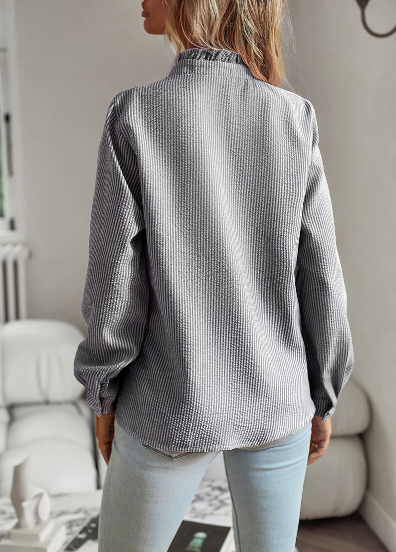 Striped Long Sleeve Shirt Ruffle Design Button Up Tops Casual Blouse  
