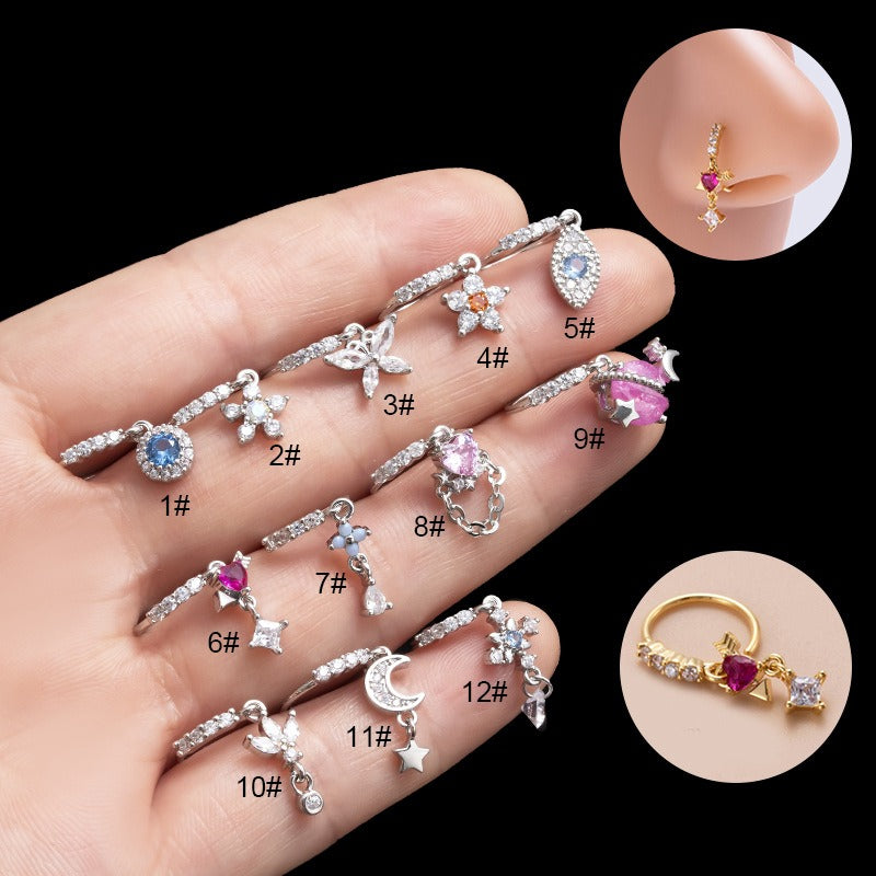18K gold flower/moon inlaid gemstone design high-end nose ornament